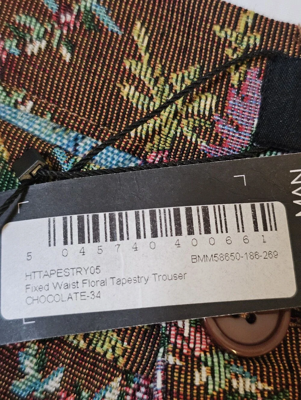 boohooMAN Men’s Floral Tapestry Trousers Chocolate Brown Size 34 NWT
